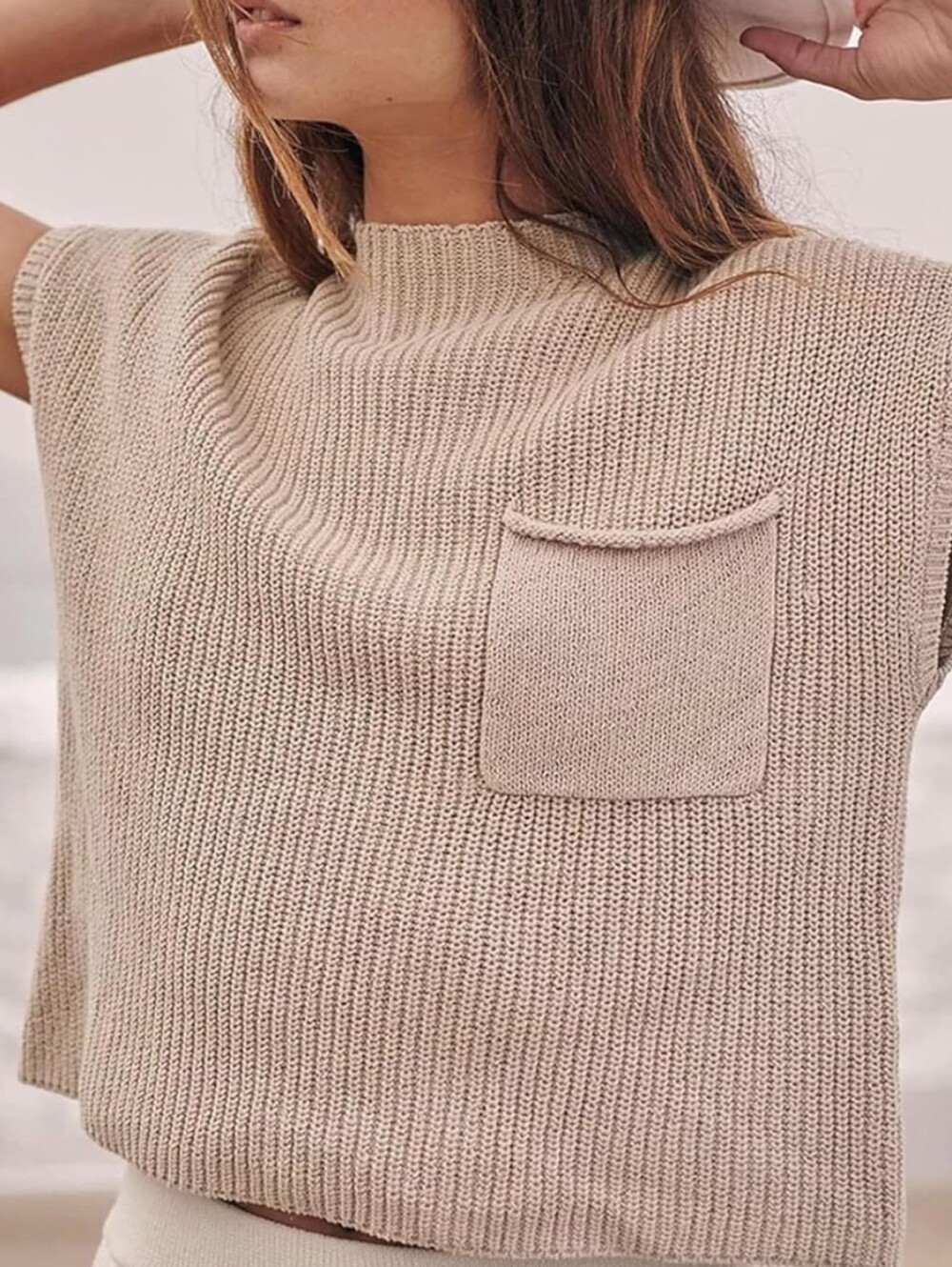 Free People Beach Beige Sleeveless Knit Pocket Pullover Top Sz M